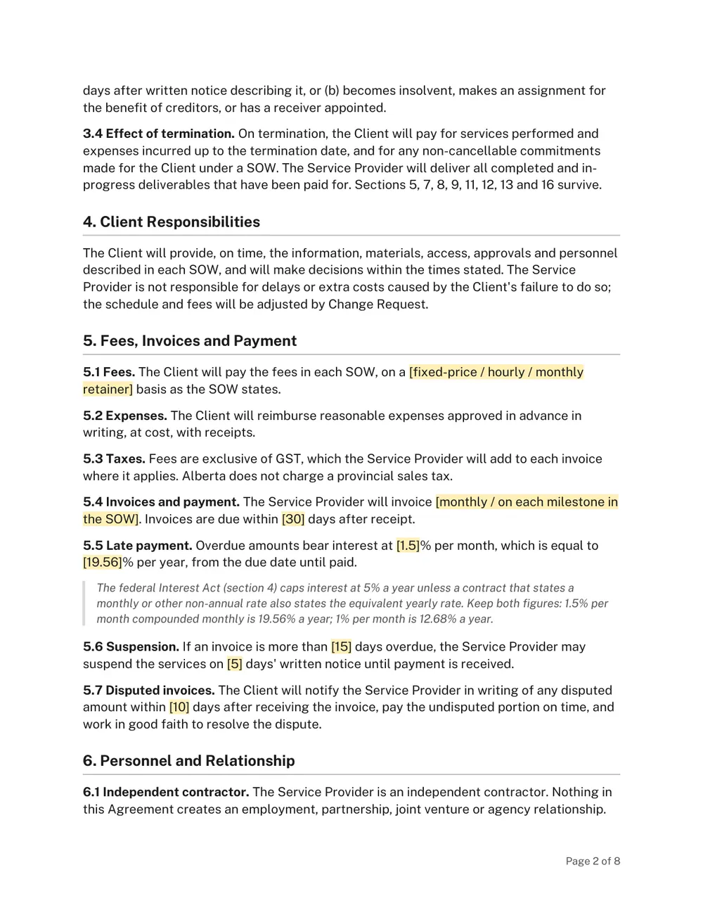 Page 2 of the Alberta Service Agreement Template