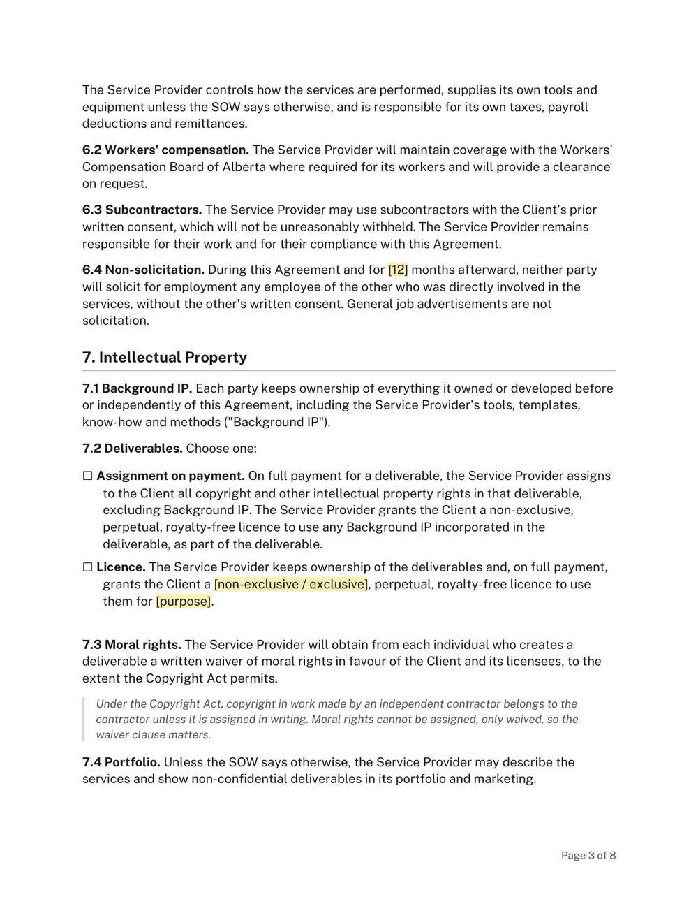 Page 3 of the Alberta Service Agreement Template