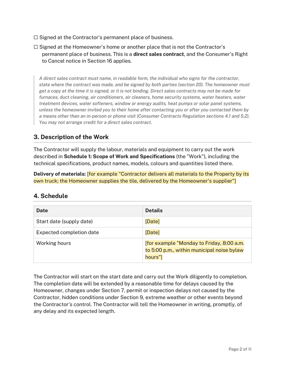 Page 2 of the BC Home Renovation Contract Template