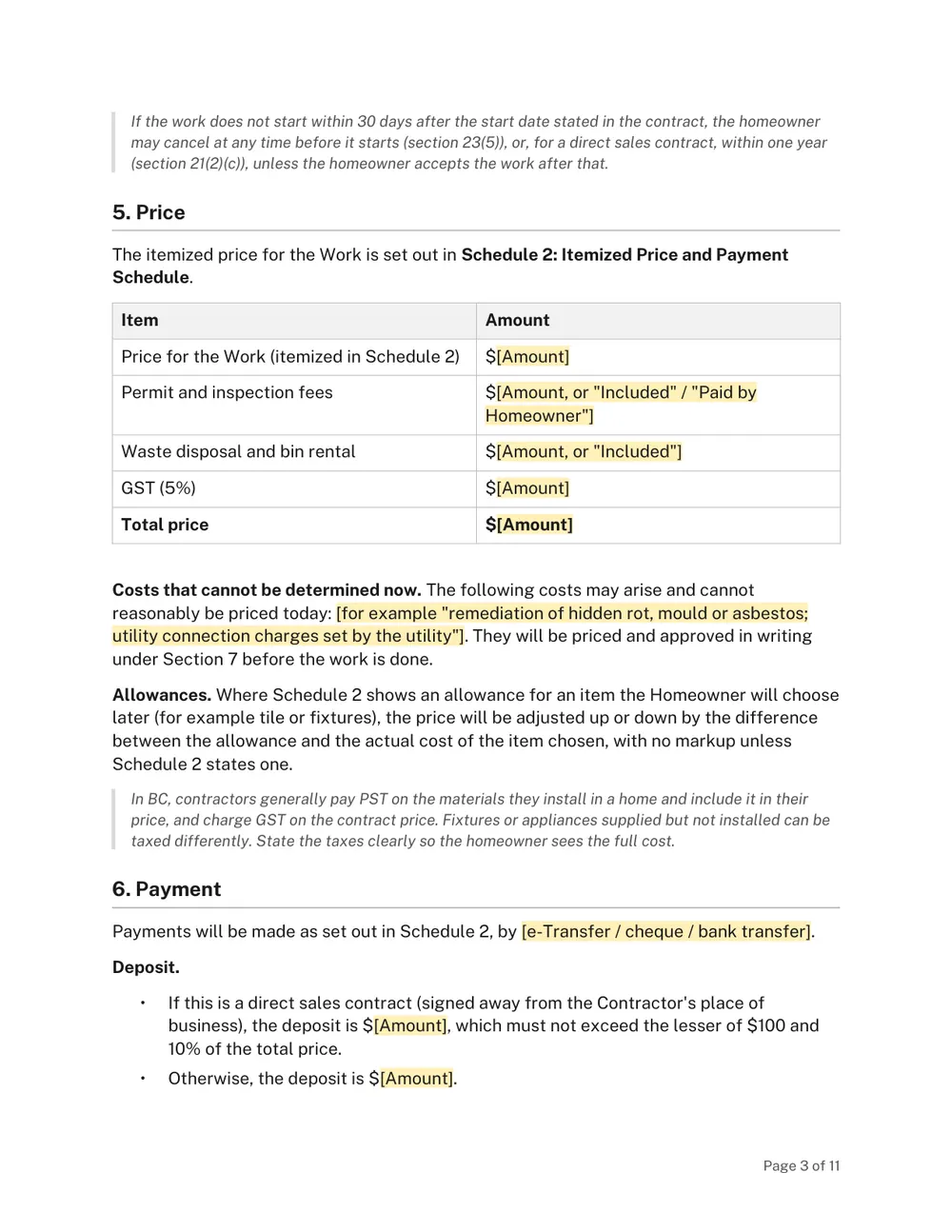 Page 3 of the BC Home Renovation Contract Template