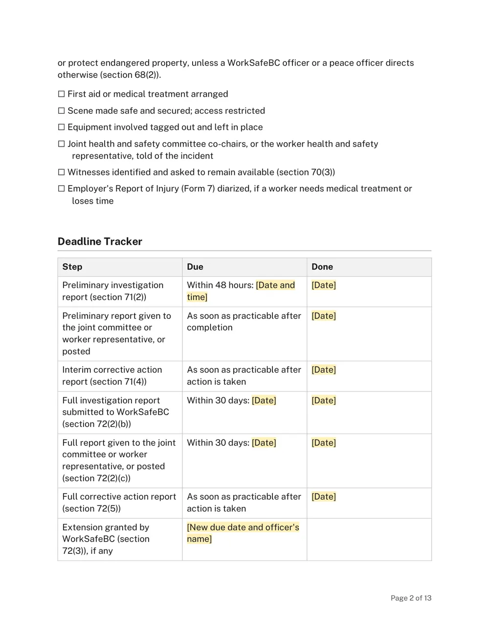 Page 2 of the BC Incident Investigation Report Template