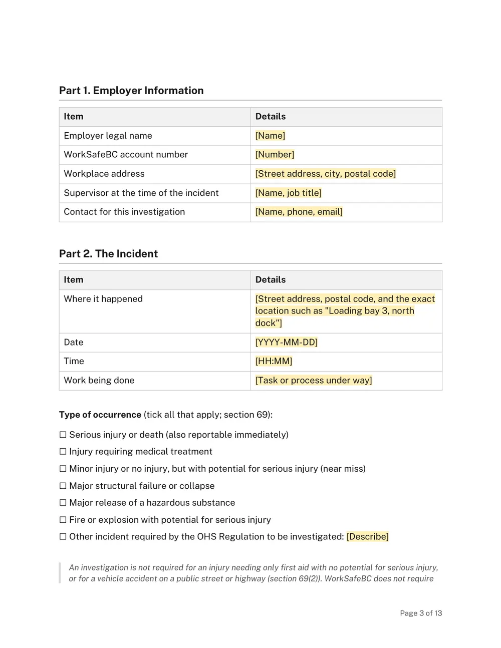 Page 3 of the BC Incident Investigation Report Template