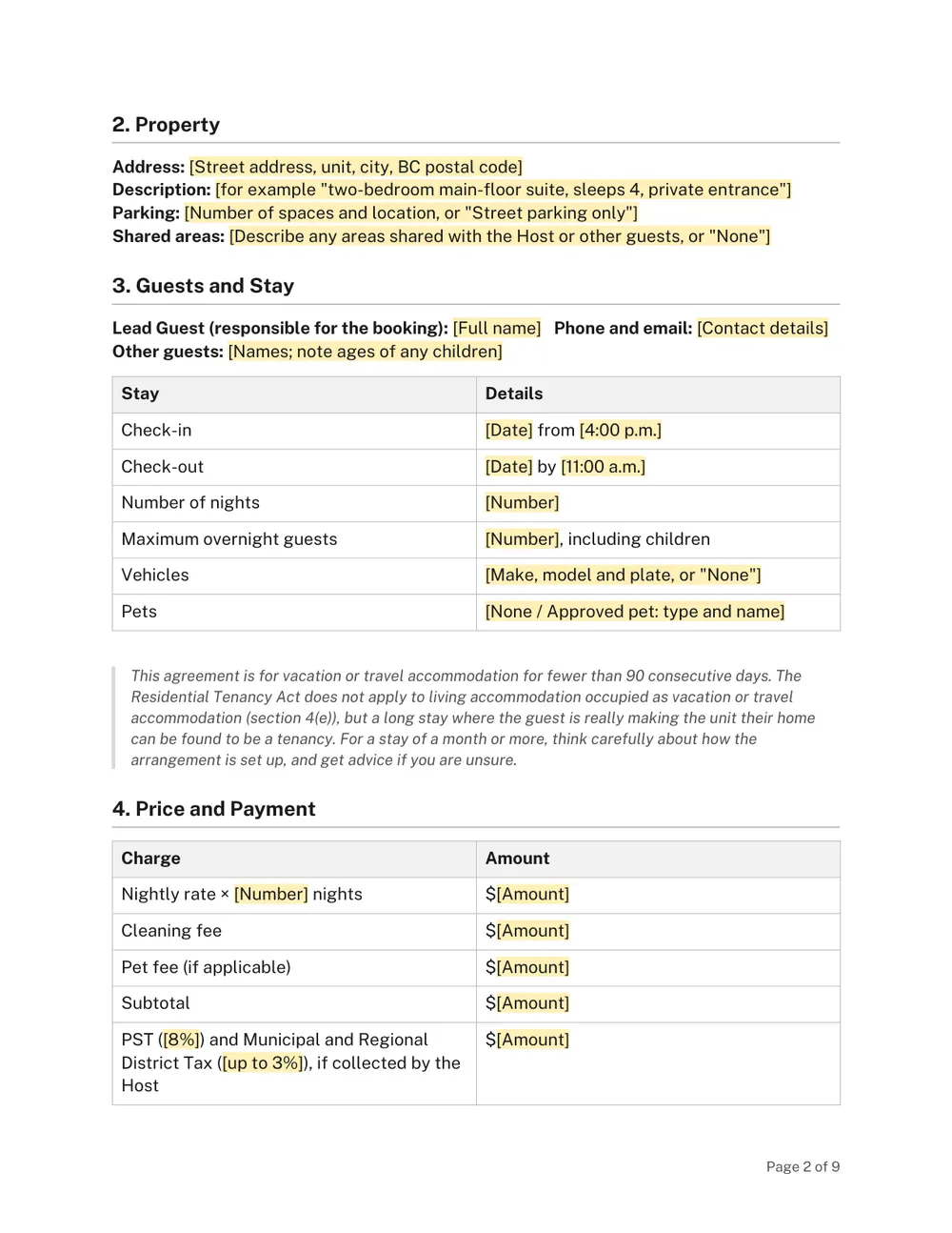 Page 2 of the BC Short-Term Rental Agreement Template