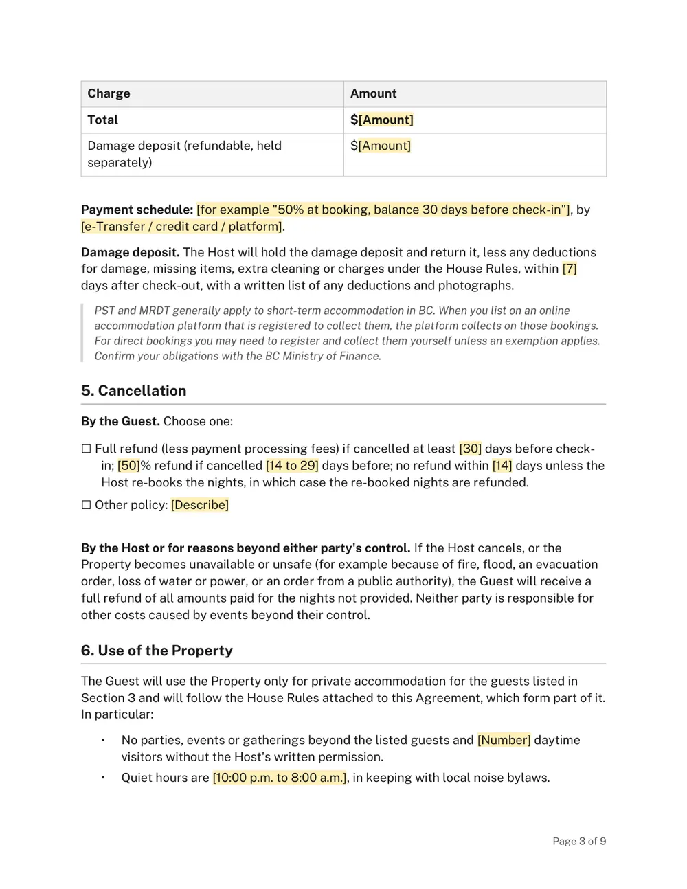 Page 3 of the BC Short-Term Rental Agreement Template