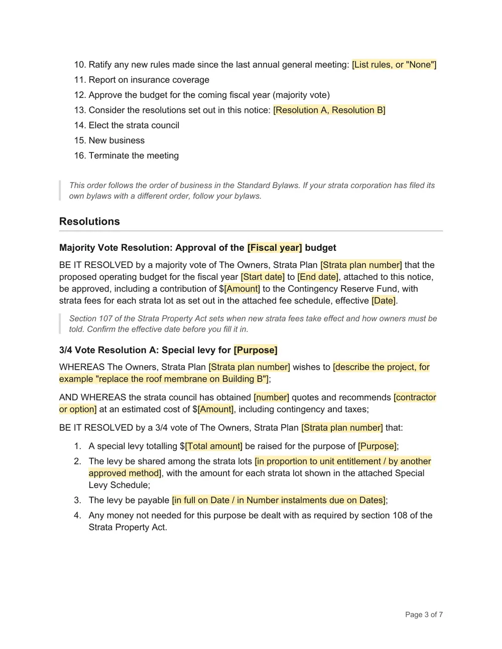 Page 3 of the BC Strata AGM Notice Template