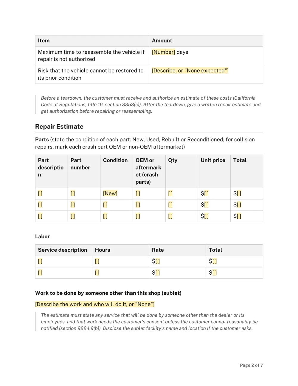 Page 2 of the California Auto Repair Estimate Form Template