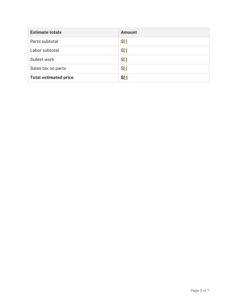 Page 3 of the California Auto Repair Estimate Form Template