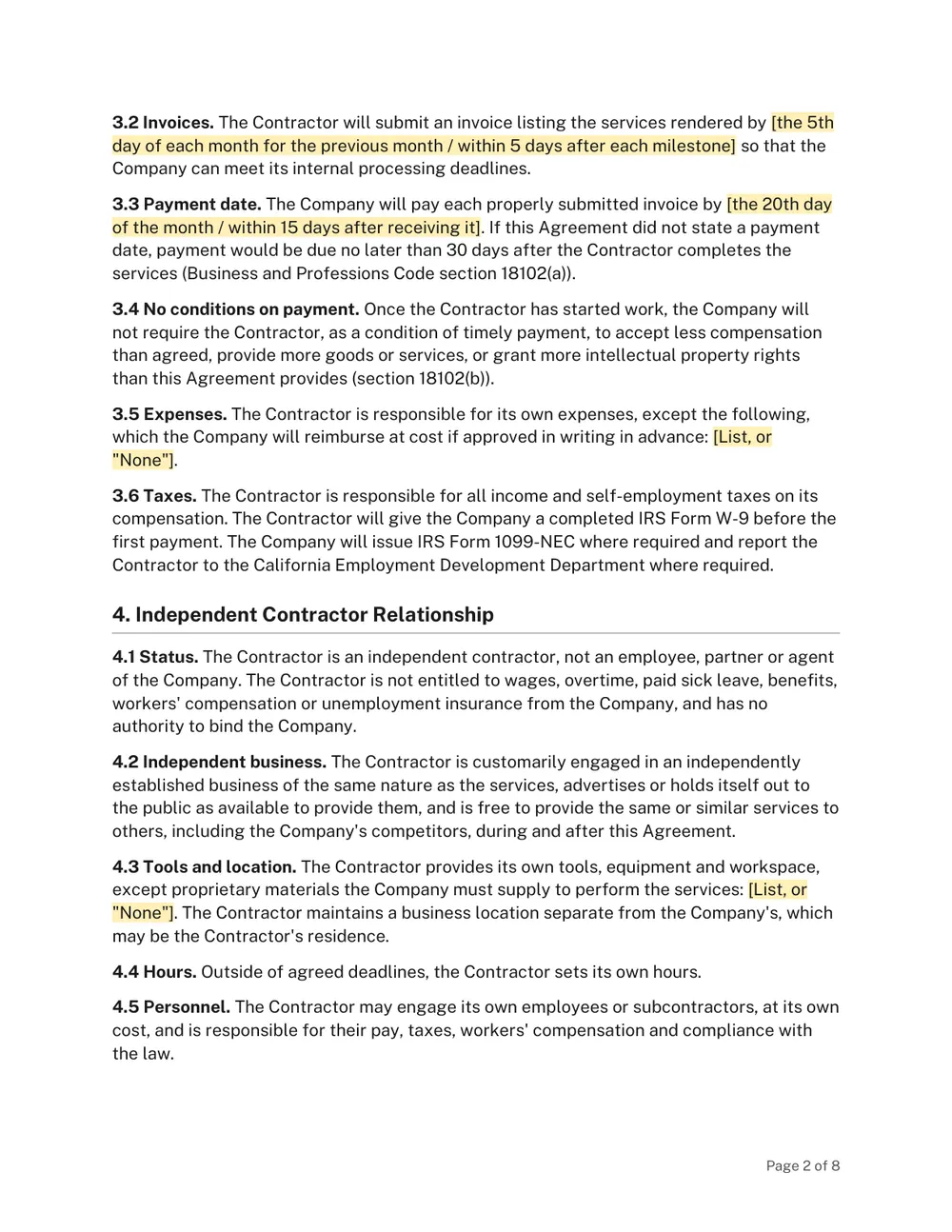 Page 2 of the California Independent Contractor Agreement