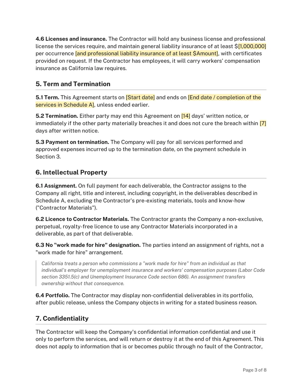 Page 3 of the California Independent Contractor Agreement