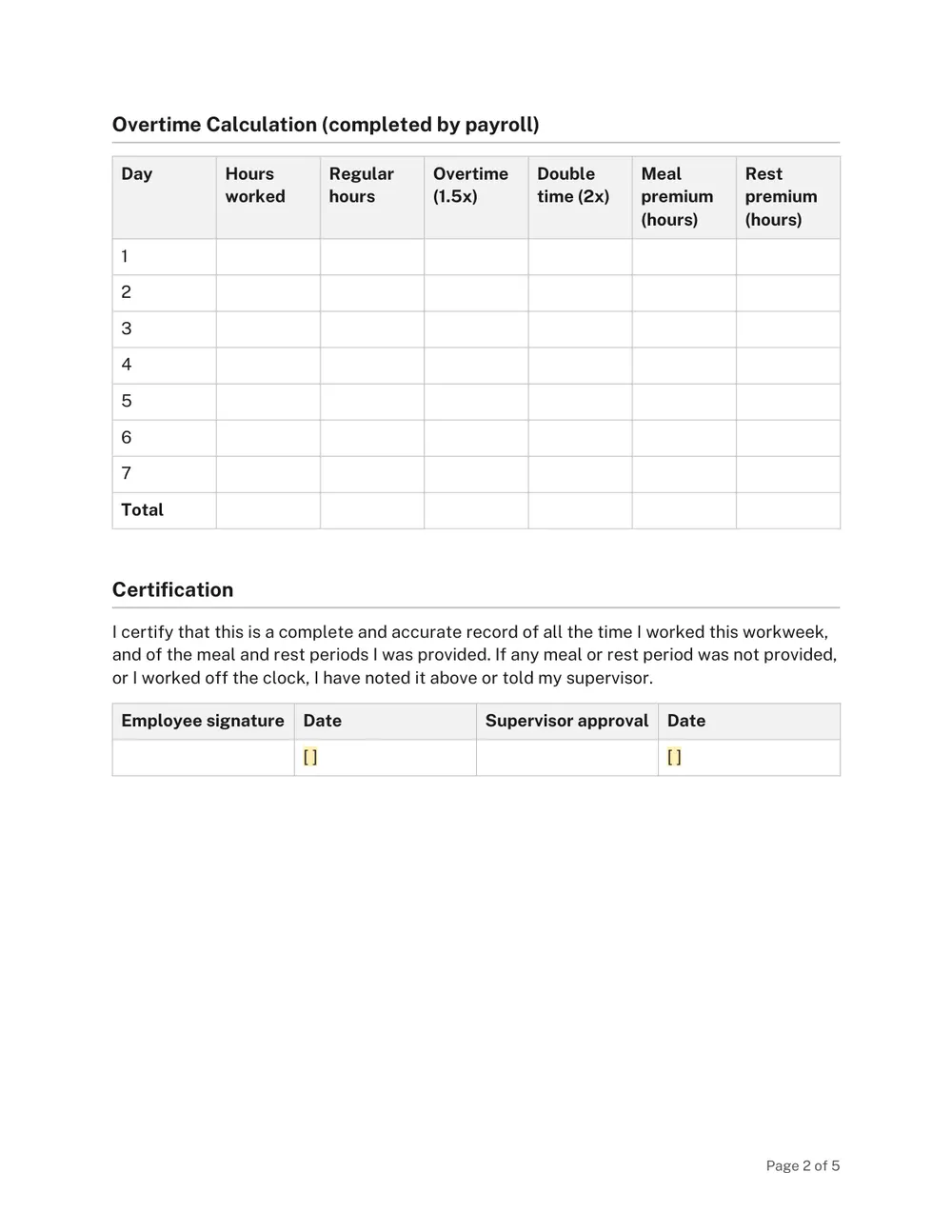Page 2 of the California Overtime Timesheet Template