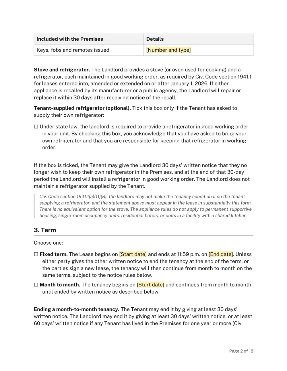 Page 2 of the California Residential Lease Agreement