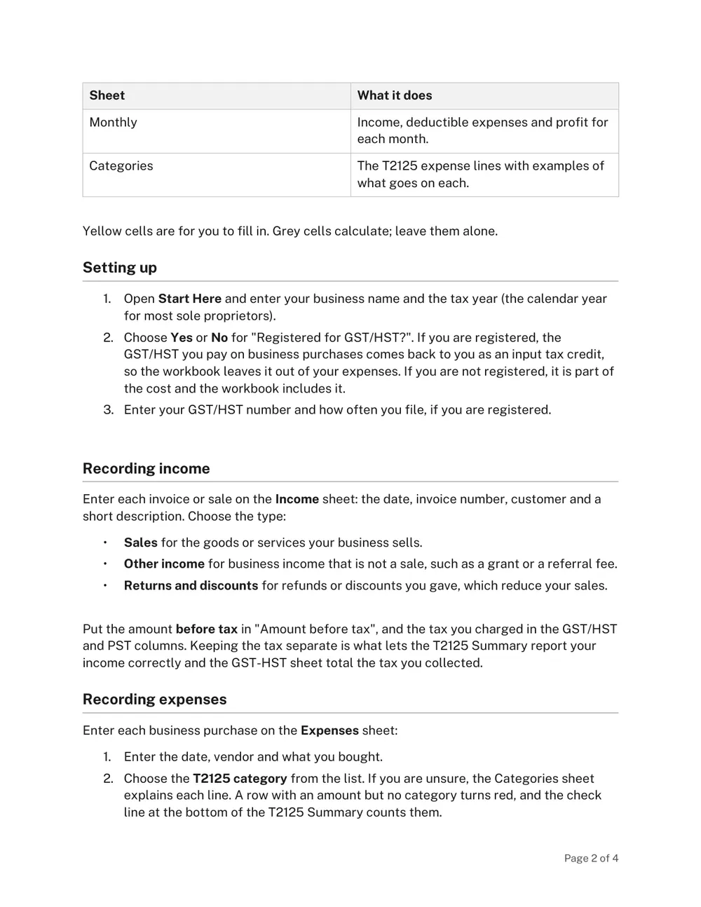 Page 2 of the Canada Bookkeeping Spreadsheet Template