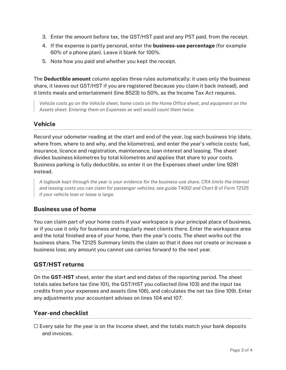 Page 3 of the Canada Bookkeeping Spreadsheet Template