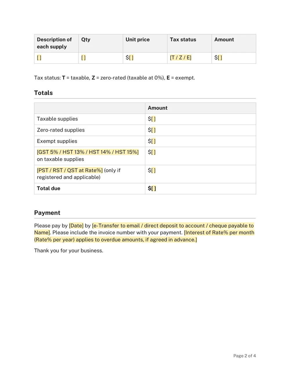 Page 2 of the Canada GST/HST Invoice Template
