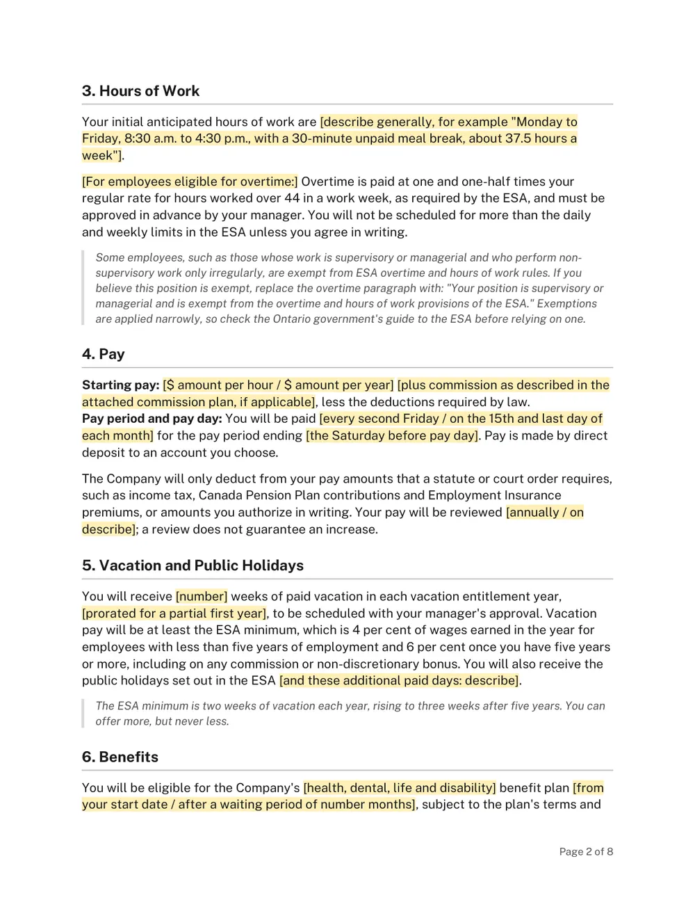 Page 2 of the Ontario Job Offer Letter Template