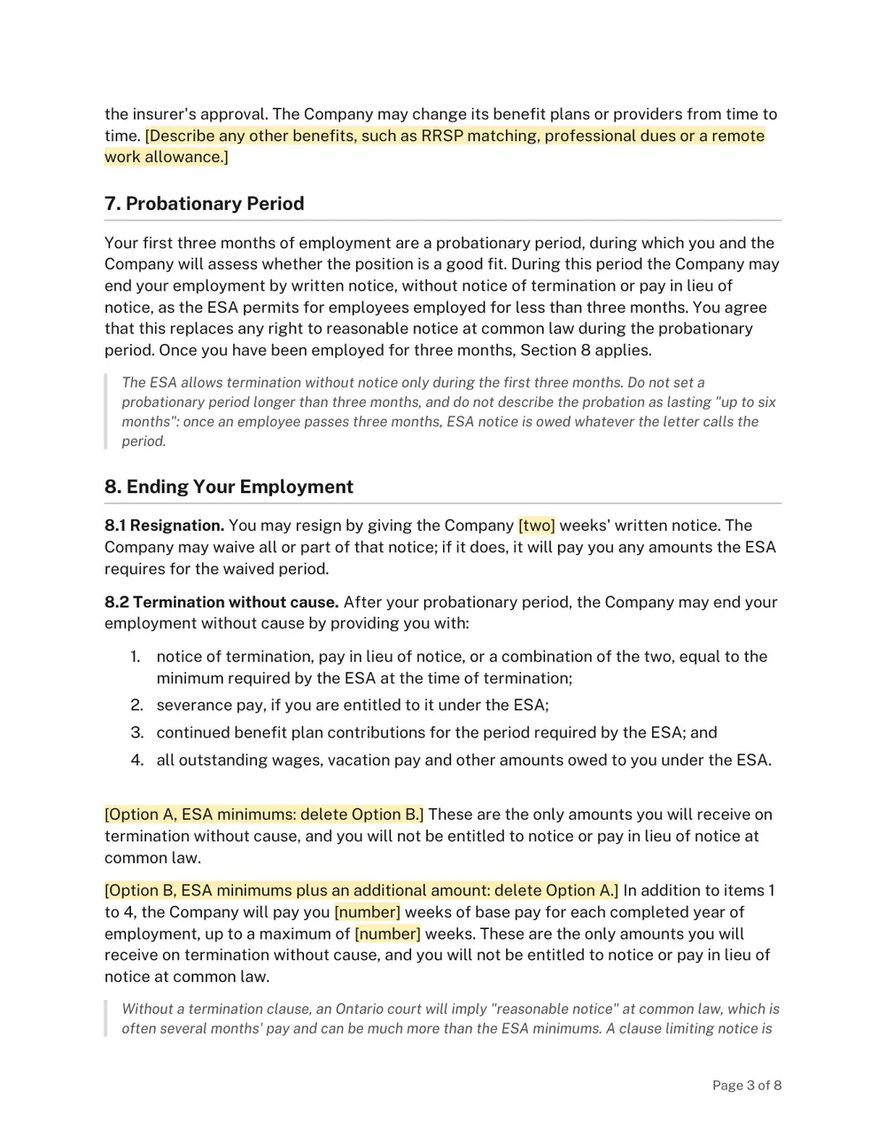 Page 3 of the Ontario Job Offer Letter Template