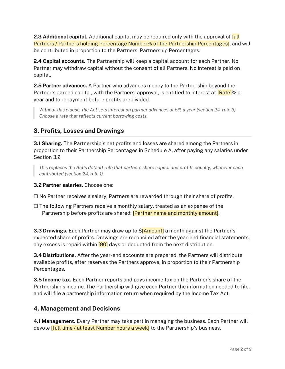 Page 2 of the Ontario Partnership Agreement Template