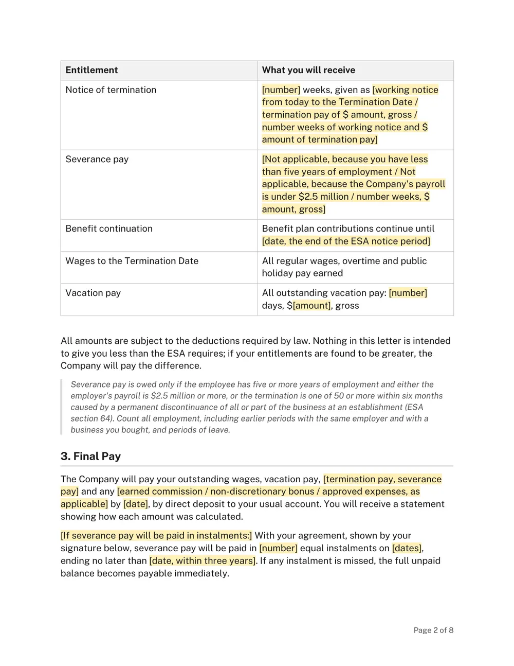 Page 2 of the Ontario Termination Letter Template
