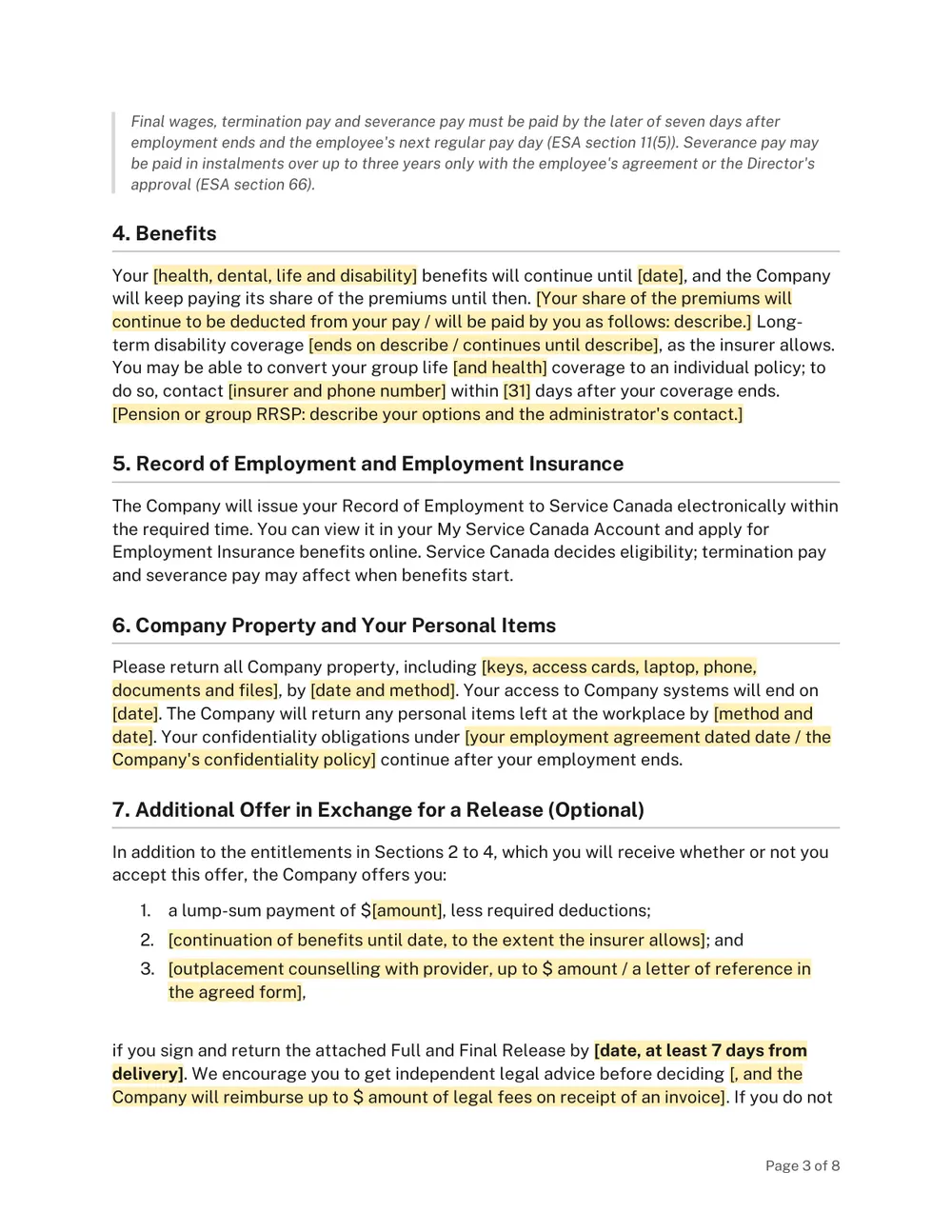 Page 3 of the Ontario Termination Letter Template