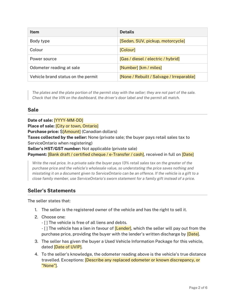 Page 2 of the Ontario Vehicle Bill of Sale Template