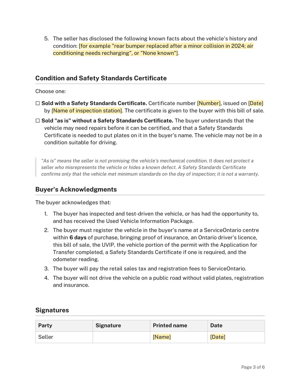 Page 3 of the Ontario Vehicle Bill of Sale Template